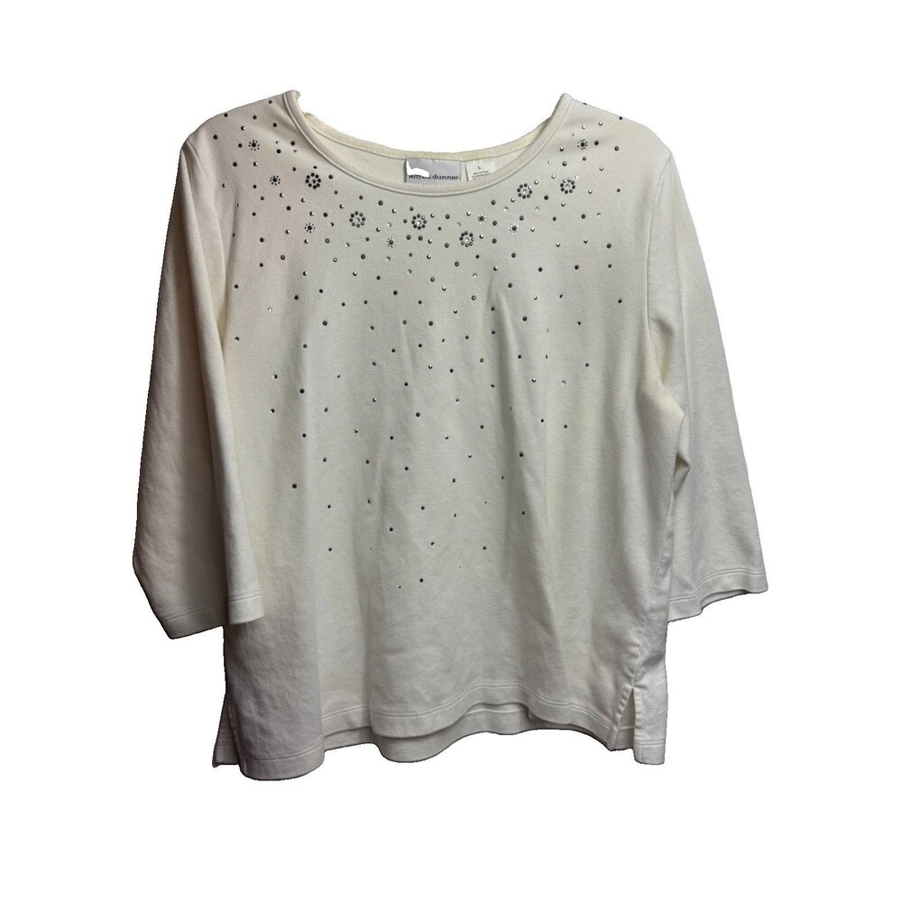 Alfred Dunner Women’s L White Rhinestone Round Neck 3/4 Sleeve Knit Pullover Top